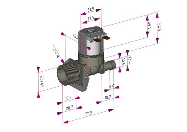 Клапан подачи воды СМА 1-ый 180 гр (12ММ) 12V 5220FR1280V, артикул Клапан-1-ый-180-гр-12V